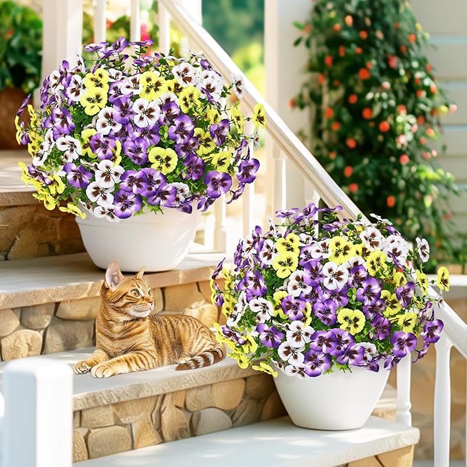 MARTINE MALL 8 Bundles Look Real Artificial Flowers for Outdoors, Realistic Fake Outdoor Flowers, UV Resistant Silk Pansy Flowers for Outside Faux Flower Plants for Outdoor Porch Garden, Mixed Colors