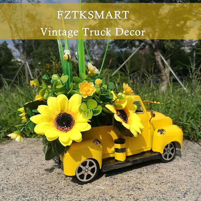 Metal Truck Decor with Sunflowers, Honey Bee, Fall Table Decor for Home, Farmhouse, Vintage Pickup for Living Room, Kitchen Table Centerpiece, Yellow