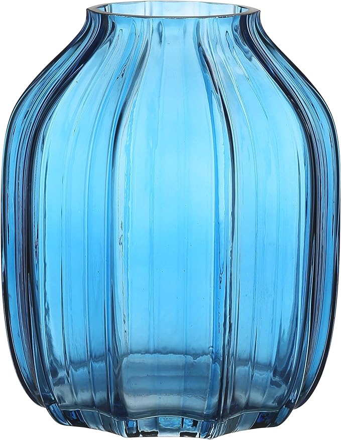Blue Glass Vase for Flowers Bud Tall Glass Vases,H-8.0" Simple Striped Design for Home Floor Decor,Farmhouse Decor, Centerpiece Coffee Table Decorations (Blue 8.0IN)