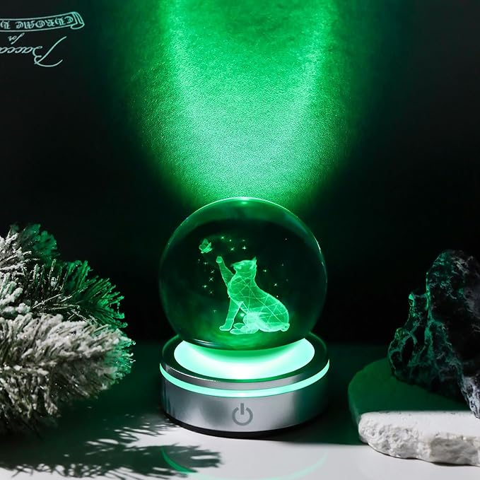 Movdyka Cat Lovers Gifts: 3D Crystal Ball Cat Figurines, Home Office Decor Night Light Snow Globes - 3.15"/8CM