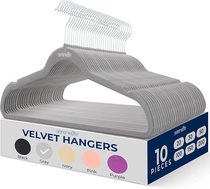 SereneLife 10-Pack Velvet Hangers – Non-Slip Clothes Hangers with Heavy Duty Design, Slim Space-Saving Coat Hangers with 360° Swivel Hook, Strong Lightweight Closet Organizer Set for Clothes (Grey)