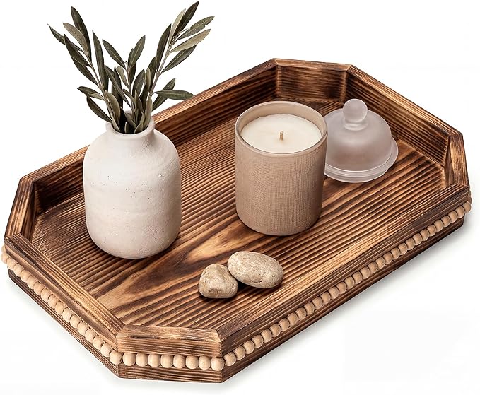 Farmhouse Decorative Tray with Beaded Sides for Boho Decor - Wood Serving Tray for Coffee Table - Vintage Decor for Coffee Bar Accessories, Perfume Organizer Centerpiece (Vintage Brown)