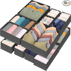 12 Pcs Drawer Organizer Clothes – Dresser Organizers for Baby Clothes, Underwear, Socks & Bedrooms – Foldable Storage Bins for Closet & Nursery – Fabric Drawer Dividers for Shelves (Grey)