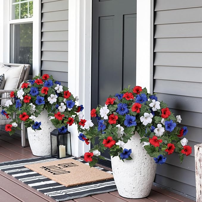 HyeFlora Artificial Flowers for Outdoors 2PCS Spring Faux Morning Glory Look Real Silk Flowers for Outside Planter UV Resistant Fake Flowers for Home Garden Balcony Yard Porch Deco (RedBlueWhite)