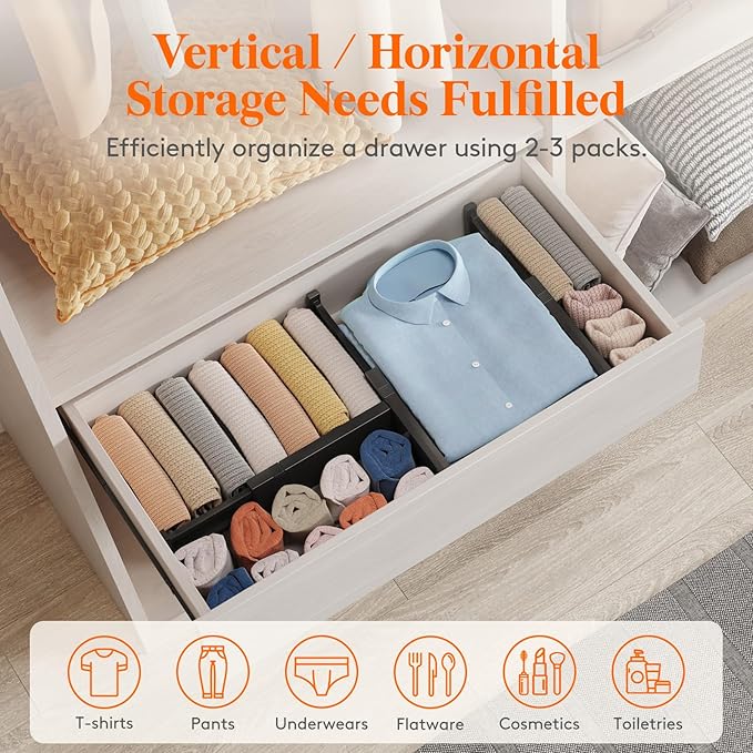 Lifewit 14 Pack Drawer Dividers 4" High 28-43.5cm/11-17" Adjustable Drawer Organizer for Clothes/Utensils, Expandable Drawer Separator in Dresser/Kitchen/Bedroom/Office Organization & Storage Black