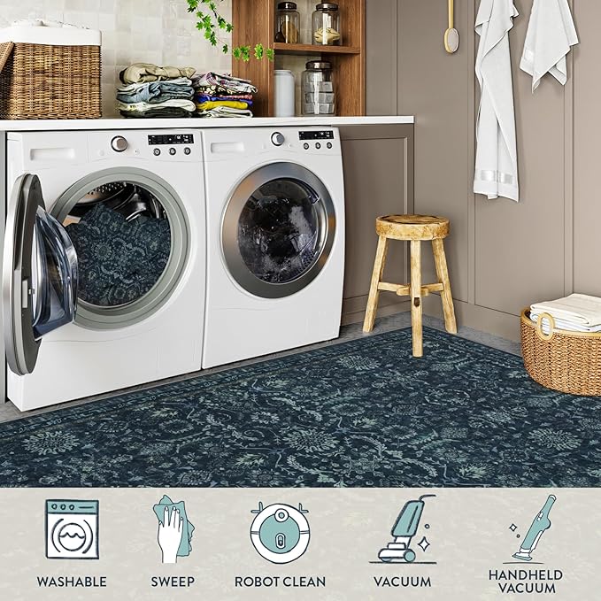 Lahome Navy Blue Boho Area Rugs 5x7,Washable Rugs for Bedroom,Dark Academia Vintage Carpet for Office,Rubber Backed Living Room Carpets for Dorm Dining Room Apartment