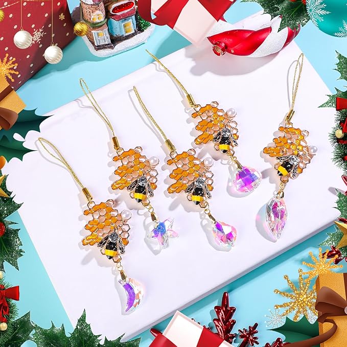 5Pcs Hanging Ornaments, Mini Crystal Prism Gold Metal Bee Xmas Tree Decorations, Crystal Suncatchers Hanging Ornament for Wedding Party Home Decor