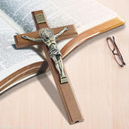 ACHIBANG 10.7" Wooden Standing Crucifix, Two-Way Catholic Jesus Cross Stand for Wall or Tabletop, Solid Faith Decor for Home