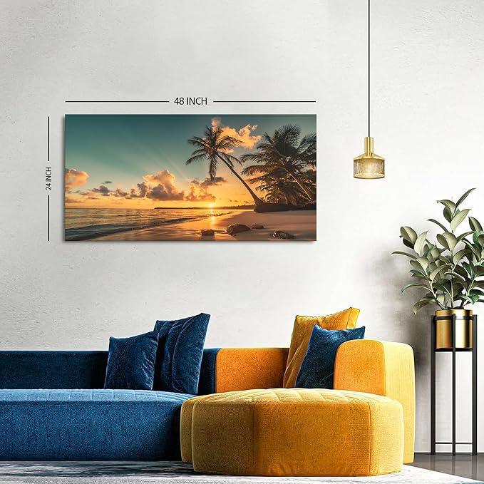 Beach Wall Art Palm Tree Pictures Sunset Coastal Landscape Bathroom Wall Decor Tropical Ocean Canvas Prints Nature Seascape Painting Artwork for Living Room Bedroom Office Home Decoration 24x48"