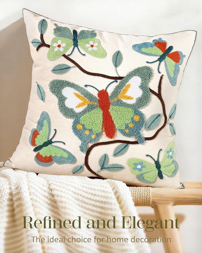 Embroidered Throw Pillow Cover 18x18 Inch - Spring Summer Boho Decorative Pillow Cover with Zipper for Living Room Couch Sofa Bed Aesthetic Design Branch Butterfly Cushion Pillowcase