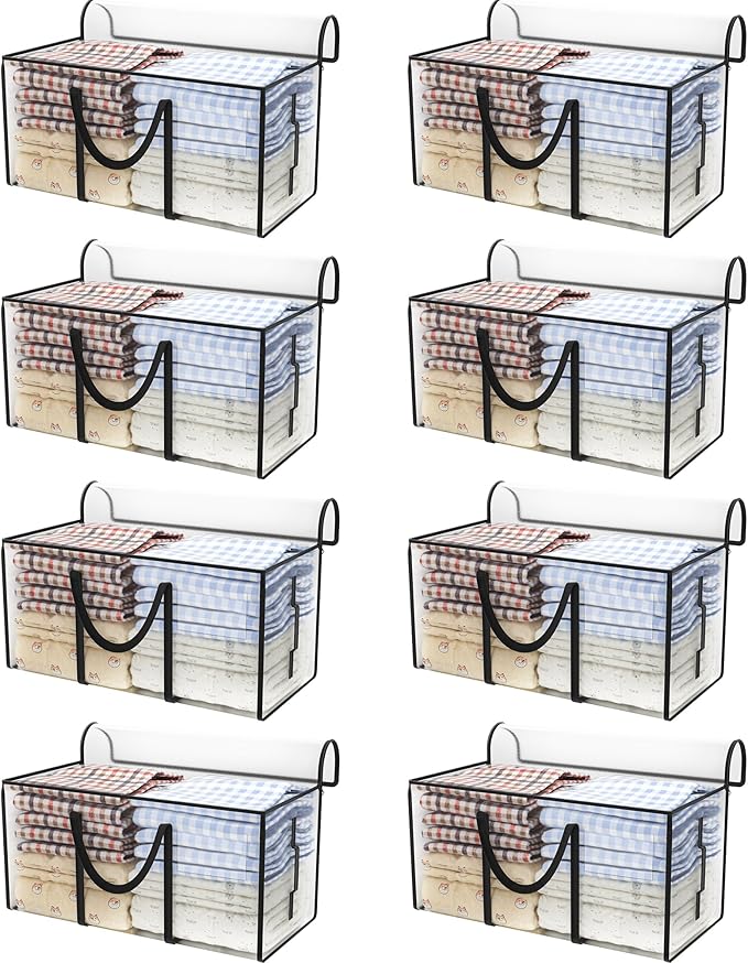 CONGREGATE 8 Pack Extra Large Moving Bags with Zippers and Carrying Handles, Heavy-Duty Storage Tote Moving Boxes for Space Saving, Semi-Transparent 97L/25.6Gal (28.7"x13.7"x15")