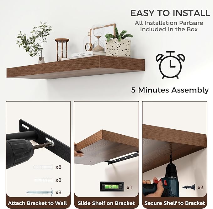 Venusmiles Floating Shelves for Wall, 40" W x 12" D x 2" H, 2 Pack of Long Wall Mounted Engineered Wood Shelves with Invisible Brackets for Living Room, Bedroom, Bathroom, Kitchen Decor, Walnut