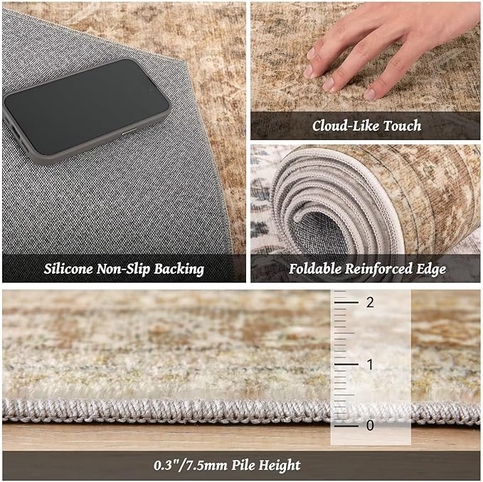 Washable 6x9 Area Rugs for Living Room, Boho Non-Slip Vintage Distress Large Rugs for Bedroom Dining Room Nursery Office, 0.3" Neutral Oriental Throw Thin Carpet, Brown/White/Multi