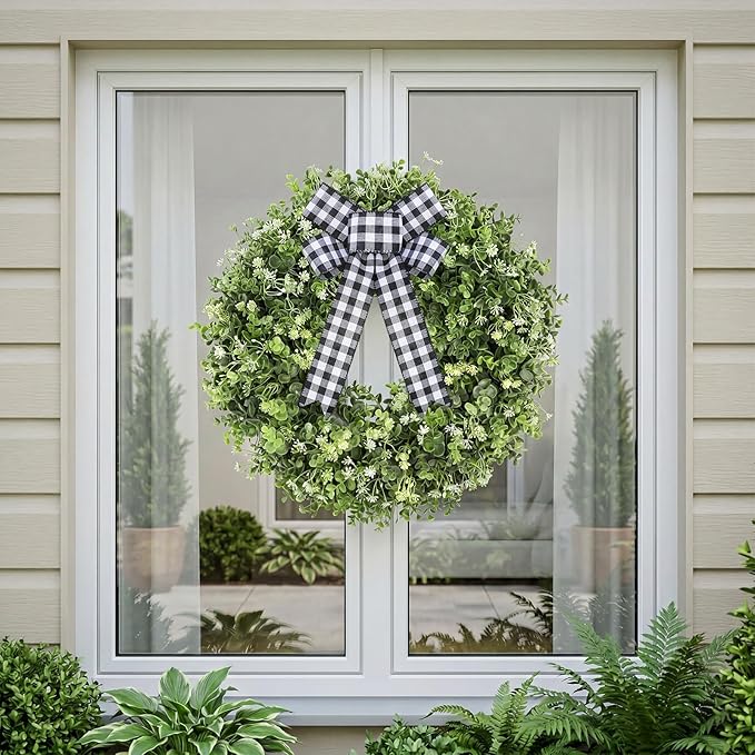 20" Boxwood Wreath for Front Door - UV Resistant Artificial Greenery Wreath with Detachable Hello Sign & Sash, All-Season Spring or Summer Wreaths Decorative Wreath for Indoor/Outdoor Wall