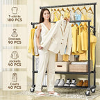 Rolling Clothes Rack with Doule Rod for Hanging, Heavy Duty Metal Garment Rack Load 450 LBS with Lockable Wheel, Free Standng Clothing Rack with 2 Shelves and Side Hooks for Home Commercial, Black
