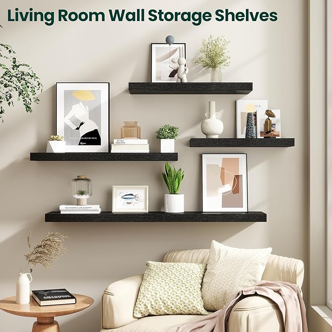 Floating Shelves for Wall 55 in x 9.3 in Deep, Wall Mounted Rustic Wood Shelf with Invisible Brackets for Storage & Display, Living Room Bedroom Bathroom, Black, 1 Pack