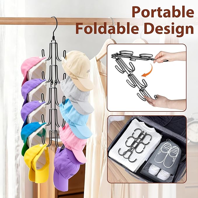 Hat Hangers for Closet, Collapsible Hat Organizer with 10-Hook, Stainless Steel Hat Holder, 360° Rotating Hat Storage Rack for Baseball Caps