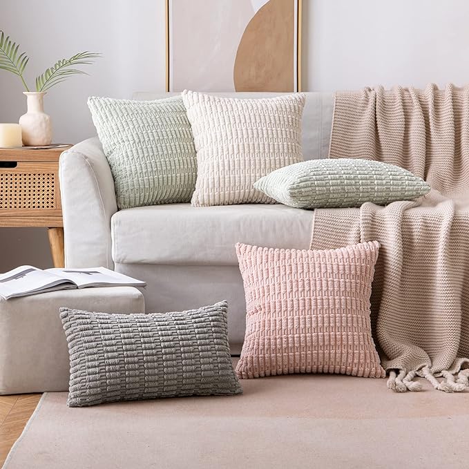 MIULEE Pack of 2 Corduroy Decorative Throw Pillow Covers 12x12 Inch Soft Boho Striped Pillow Covers Modern Farmhouse Home Decor for Sofa Living Room Couch Bed Cream White