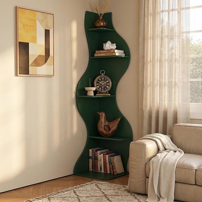YOWOS Modern Corner Shelf, 5 Tier High Corner Bookshelf for Small Spaces, Scalloped Corner Bookshelf and Storage, Wooden Display Stand for Plants, Books and Decorations (Green)