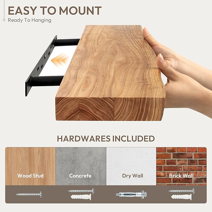 Marsmiles 16 inch Floating Shelves for Wall Elm Wood Live Edge Shelves|Rustic Wooden Wall Shelves with Invisible Bracket for Bathroom Living Room Kitchen|Natural, 2 Pack