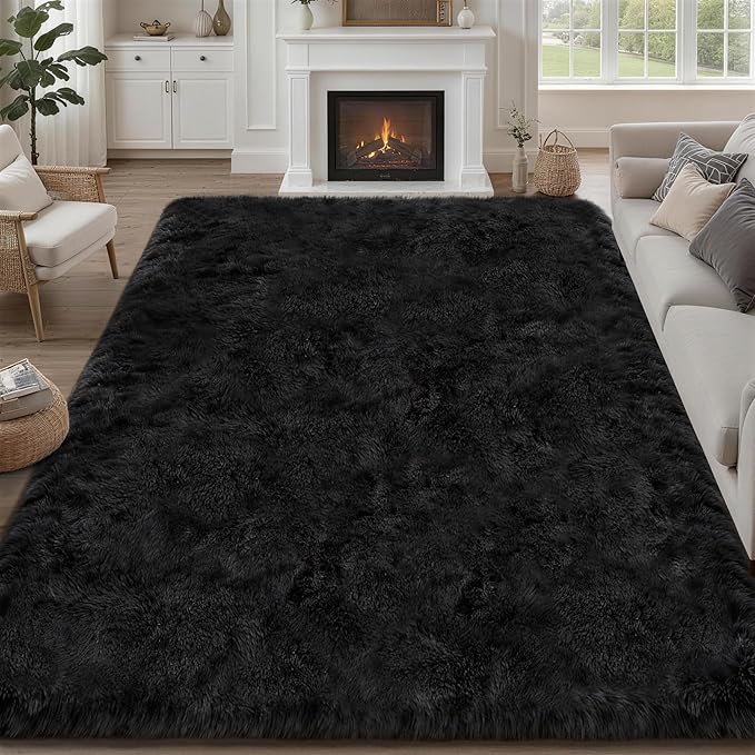 Fluffy Area Rugs 9x12 Living Room Bedroom: Ultra Soft Shag Rug Upgrade Non-Slip Non-Shedding Large Fuzzy Plush Carpet Indoor Floor Carpets for Kids Room Playroom Nursery Dorms Home Decor Black