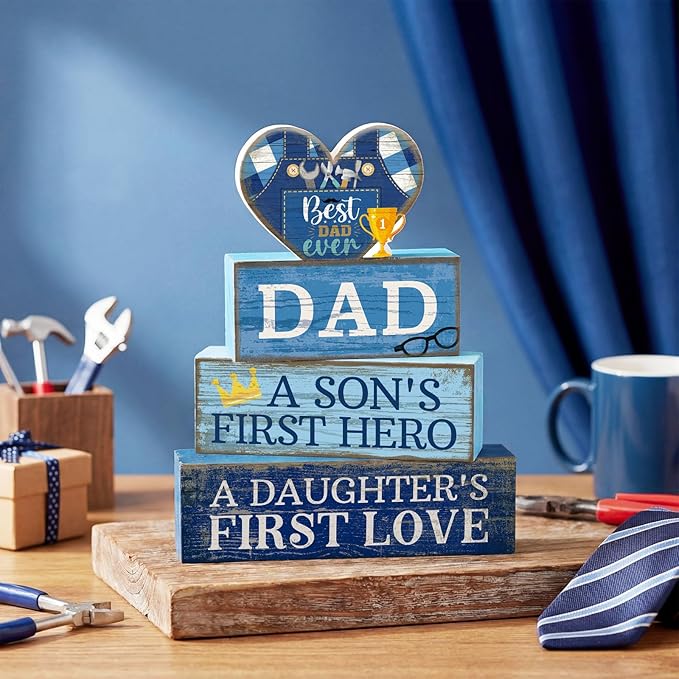 Lineshading 4 Pcs Fathers Day Table Decorations Wooden Blue Heart Trophy Decor Happy Father's Centerpieces Gifts for Dad from Daughter Son Fathers Day Decoration for Home Shelf Indoor Party Decoration