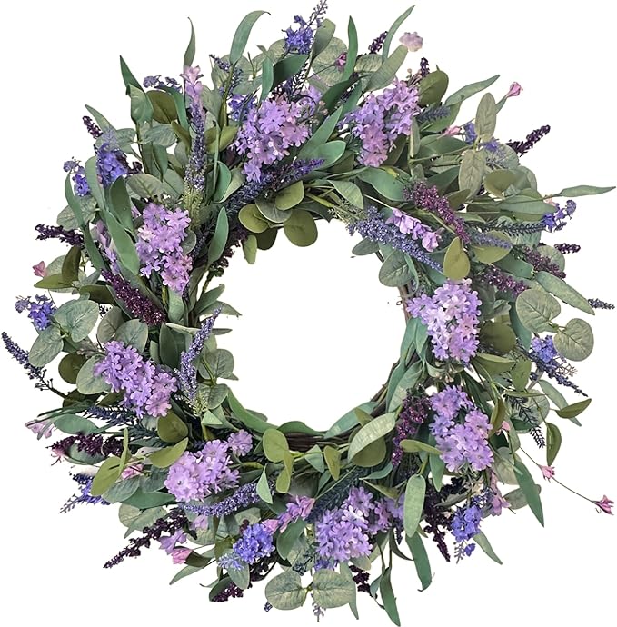 24-Inch Lavender Wreath for Front Door, Purple Hydrangea Wreath with Eucalyptus, Artificial Spring and Summer Floral Wreath for Indoor Outdoor Walls, Windows, and Home Year-Round Display
