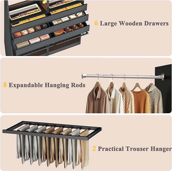 Closet System Set of 2, 5.7-10.4FT Closet Organizer System with 6 Wood Drawers & 2 LED Glasstop, Wood Walk-in Closet with 10 Hanging Rods & 2 Trouser Rack, Built-in Garment Rack with Shelves, Black