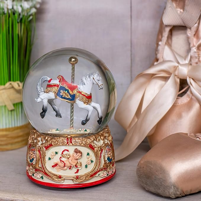 Elanze Designs Gilded Gold Tone Cupid and Carousel Horse 100MM Musical Water Globe Plays Tune Unchained Melody