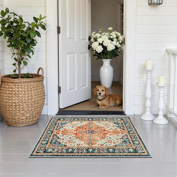 U'Artlines 2x3 Washable Boho Area Rug, Small Non Slip Vintage Doormat for Indoor Front Door Ultra Thin Mat Carpet for Entryway Kitchen Bathroom Bedroom Orange/Multi