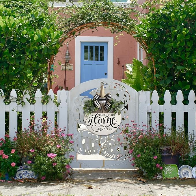 Welcome Sign for Front Door, Rustic Round Wood Wreaths Wall Hanging Outdoor Decor, Porch Fence Decorations Hanging Gift for Home Outdoor for Spring Summer Fall All Seasons Holiday, Bless This Home