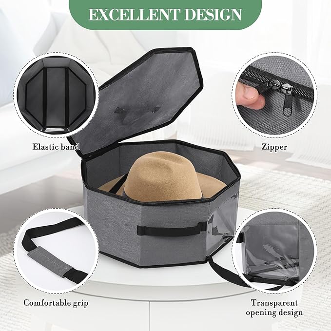 Garvee 3-Pack Grey Collapsible Hat Storage Boxes with Handles and Shoulder Strap – Large Dustproof Organizer for Cowboy, Fedora & Sun Hats – Portable Travel and Home Storage, 42×42×19cm, Grey