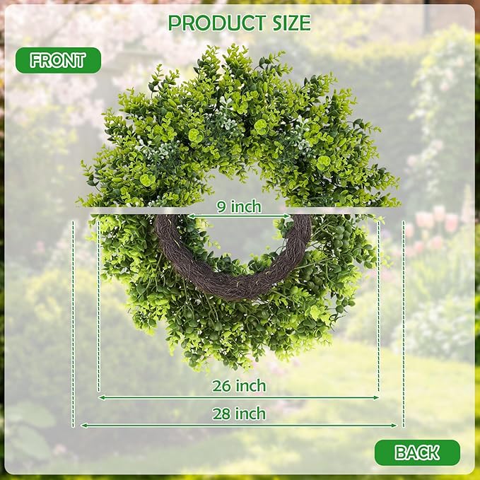 Large Boxwood Wreath for Front Door, 28" Artificial Spring and Summer Greenery Wreathwith White Flower Buds, All-Season Home Decor for Walls, Windows, Parties, Weddings, Indoor Outdoor