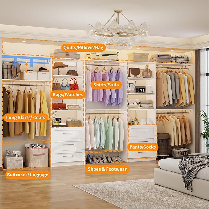 Closet System with 6 Wood Drawers, 6.6-13FT Closet Organizer System with Cuttable Shelves for Walk in Closet with 6 Expandable Hanging Rods, Heavy Duty Built-in Closet for Bedroom, White