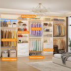 Closet System with 6 Wood Drawers, 6.6-13FT Closet Organizer System with Cuttable Shelves for Walk in Closet with 6 Expandable Hanging Rods, Heavy Duty Built-in Closet for Bedroom, White