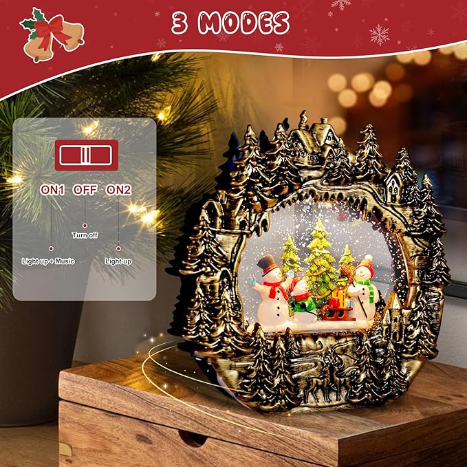 Christmas Snow Globe Lantern Water Glittering Lantern with Snowman 8 Music Songs & 6H Timer Christmas Snow Globes USB & Battery Operated for Christmas Festival Decorations Gifts (Bridge-Snowman)