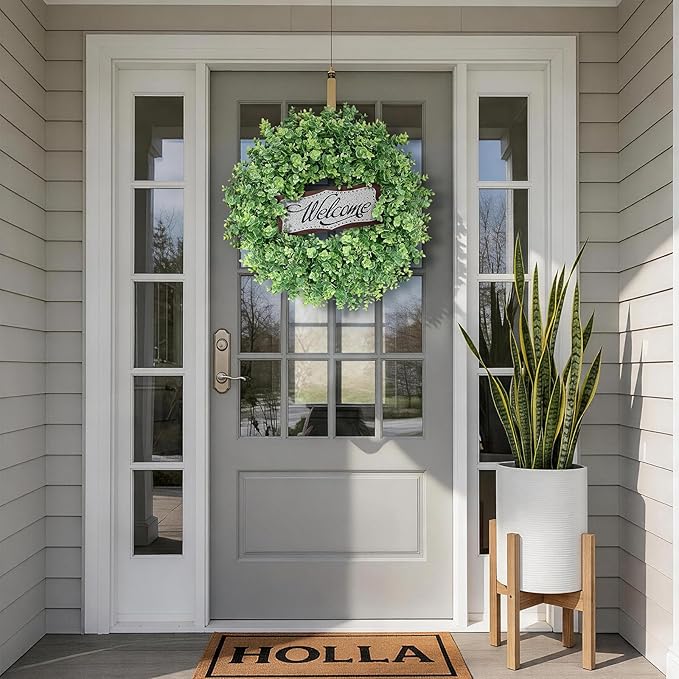 26" Artificial Eucalyptus Wreath with Welcome Sign for Front Door, Porch, Window - Large Faux Eucalyptus Greenery Outdoor Wreath for Home, Farmhouse Decor - Spring, Summer, All Seasons (Green)