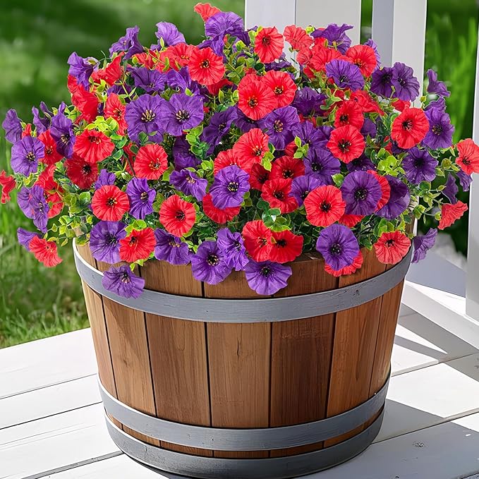Artificial Flowers for Outdoors Decoration, 12 Bundles Fake Plastic Flower Plant, Faux Colorful Silk Morning Glory Eucalyptus for Spring Summer Outside Garden Porch Front Door Decor, Red Purple