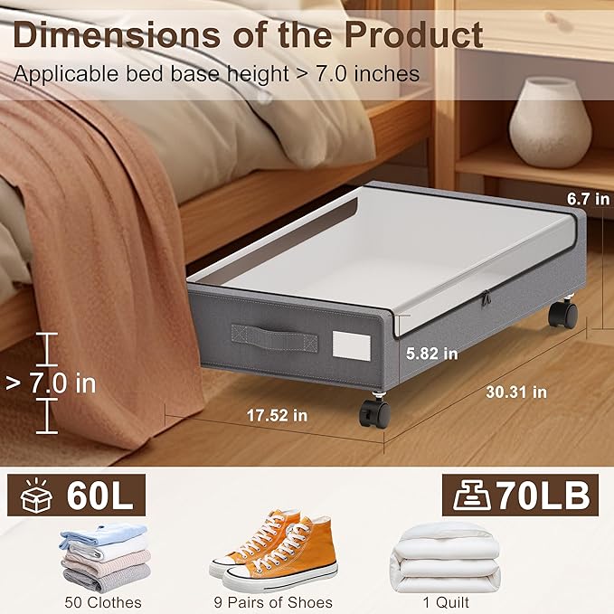 Under Bed Storage with Wheels - 2Pack 60L Underbed Storage Containers with Clear Lid & Label, Rolling Under Bed Storage Bins for Clothes, Shoes, Blankets (XL,Grey)