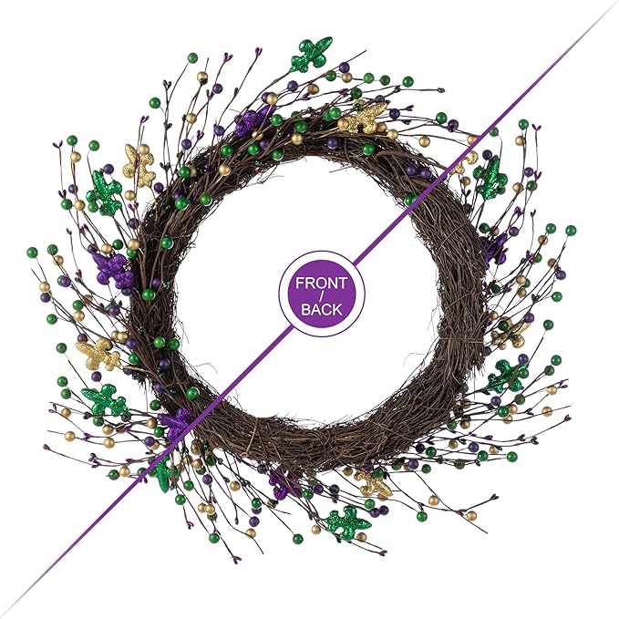 Glitzhome 20" Wreath Decoration Glitter Purple Gold Green Berry & Fleur-de-Lis Wreath Carnival Front Door Decoration for Indoor Outdoor Holiday Party Favors