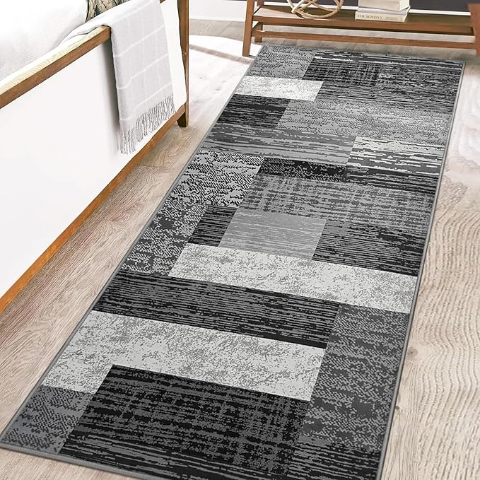 FlyDOIT Modern Geometric Patchwork Area Rug, 2x6 Grey Runner Rugs for Living Room, Rockwood Collection Indoor Rugs for Bedroom, Throw Carpet Floor Decor for Entryway Dining Room Office Nursery