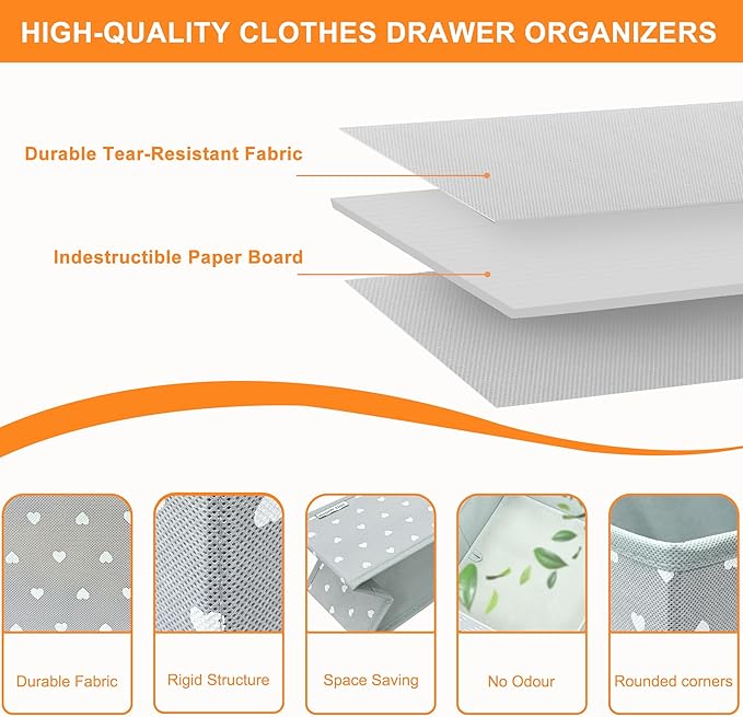 Fabric Drawer Organizer Bins for Nursery – 12 Pack Clothe Drawer Dividers for Baby Dresser, Grey Heart Pattern Storage Boxes for Clothes, Diapers & Accessories