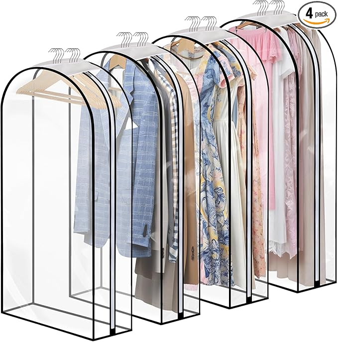 4 Pack Clear Garment Bags with Side Zipper, 60" Clothes Covers with 10" Gusset, Transparent Hanging Suit & Coat Covers for Closet Storage, Jackets, Dresses, Windbreakers