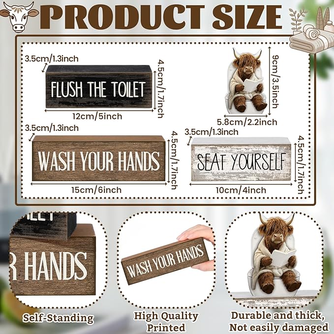 Moucuny 4 Pcs Highland Cow Bathroom Decor Set Funny Rustic Wooden Tiered Tray Signs with Highland Cow Toilet Figurine, Farmhouse Bathroom Shelf Decor, Etiquette Reminders for Restroom Toilet Vanity