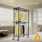 Rolling Clothing Rack for Hanging Clothes Heavy Duty Garment Rack with Wheels Metal Adjustable Shelves & Double Hanging Rods H2 Portable Closet for Bedroom, Black Coat Rack
