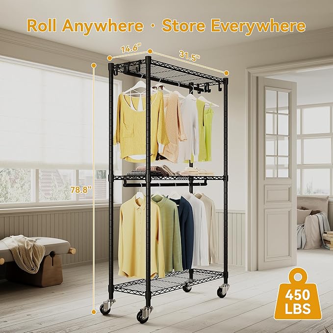 Rolling Clothing Rack for Hanging Clothes Heavy Duty Garment Rack with Wheels Metal Adjustable Shelves & Double Hanging Rods H2 Portable Closet for Bedroom, Black Coat Rack