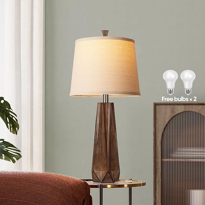WIHTU 3 Color Temperature Table Lamps Set of 2, Beside Lamp with Linen Shade, 27'' Wood Grain Color Modern Table Lamp for Living Room, Resin Desk Lamp for Nightstands Bedroom Decor (2 Bulbs Included)