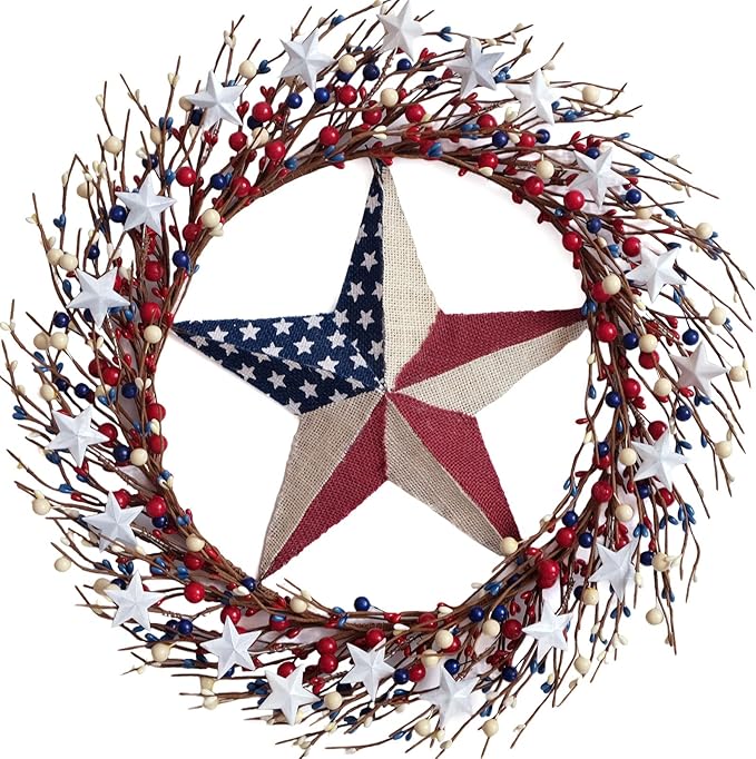 TEMPUS 18" Patriotic Wreath with Burlap Flag Star Artificial 4th of July Decor for Front Door, Indoor Wall & Gifting