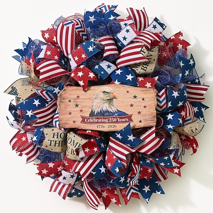 250th Anniversary Patriotic Wreath, 4th of July Wreaths for Front Door with Wooden Eagle Door Sign & Red White Blue Ribbon for Independence Day Memorial Day Patriotic Decorations(18In, 1Pcs)
