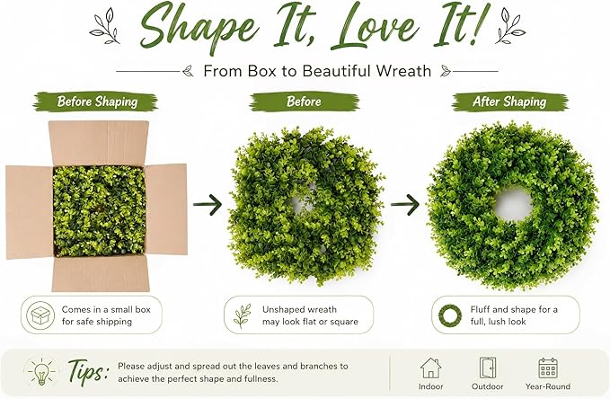 DDHS 16-18in Small Boxwood Wreath for Front Door – Artificial Green Farmhouse Wreath, Spring Summer Fall Winter DIY Decor, for Indoor Outdoor Year-Round Wedding Home Decorations